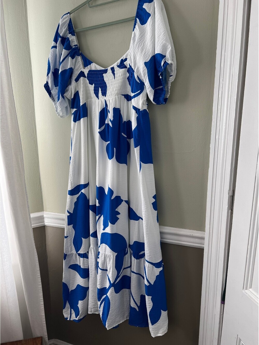 Nine West XL White and Blue Floral Midi Dress with Off Shoulder Puff Sleeves